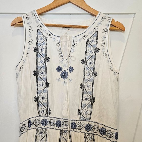 Max Studio Boho Mini Dress, Ivory with Blue Floral Embroidery, Size Medium - Picture 2 of 11